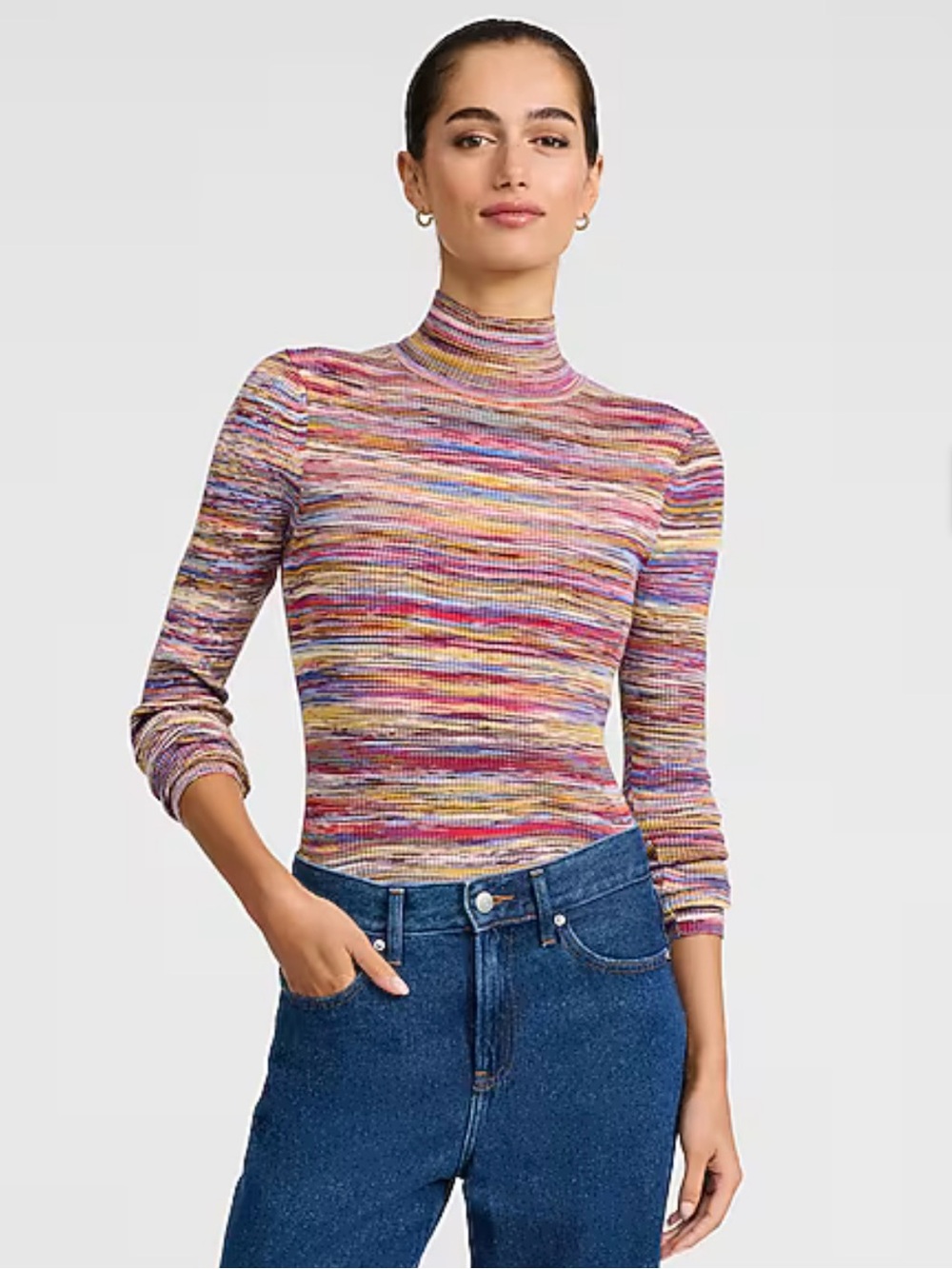 Express Fitted Ribbed Spacedye Mock Neck Sweater Multicolor Purple M NWOT